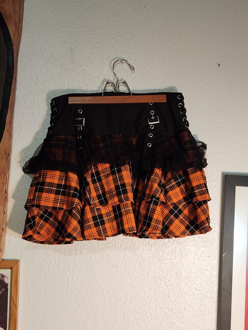 Orange Plaid Mini Skirt with Lace Trim and Buckle Detail